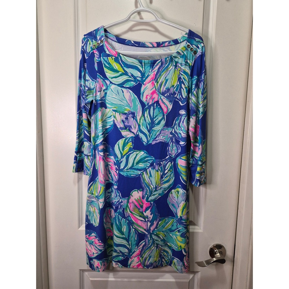 Lilly Pulitzer Sophia Blue Green Tropical Leaf Print Button Shift Dress Size M